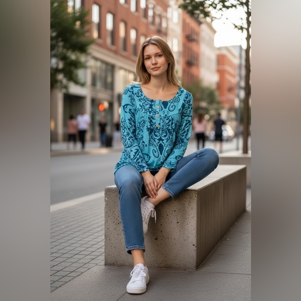Women’s M casual teal navy blue top tunic shirt scoop neck long sleeves buttons